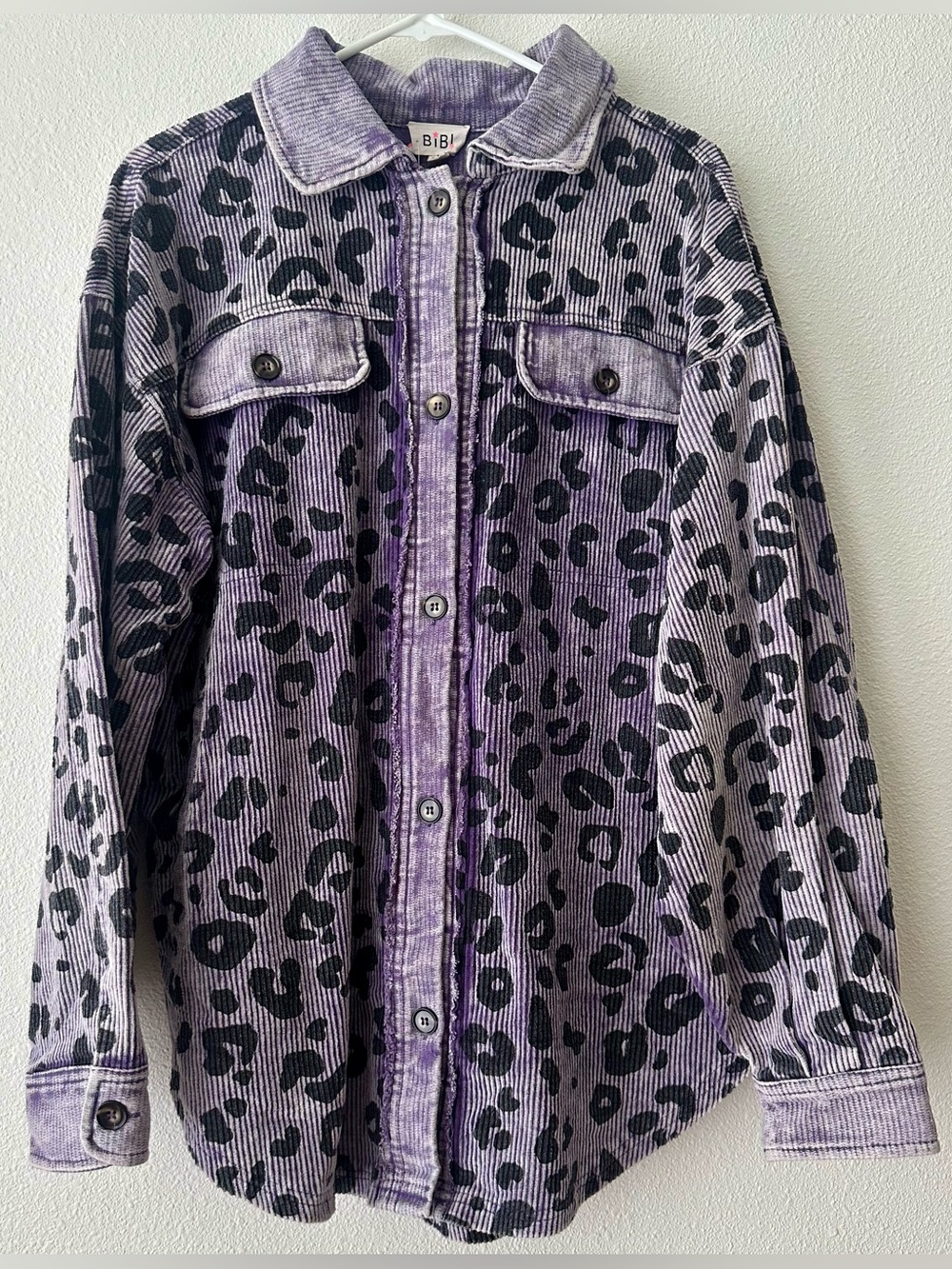 BiBi Lavender Purple Leopard Corduroy Button-Up Shacket with Pockets
